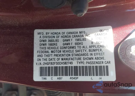 2012 Honda Civic Lx z USA, uszkodzony, nr VIN 2HGFB2F50CH582749